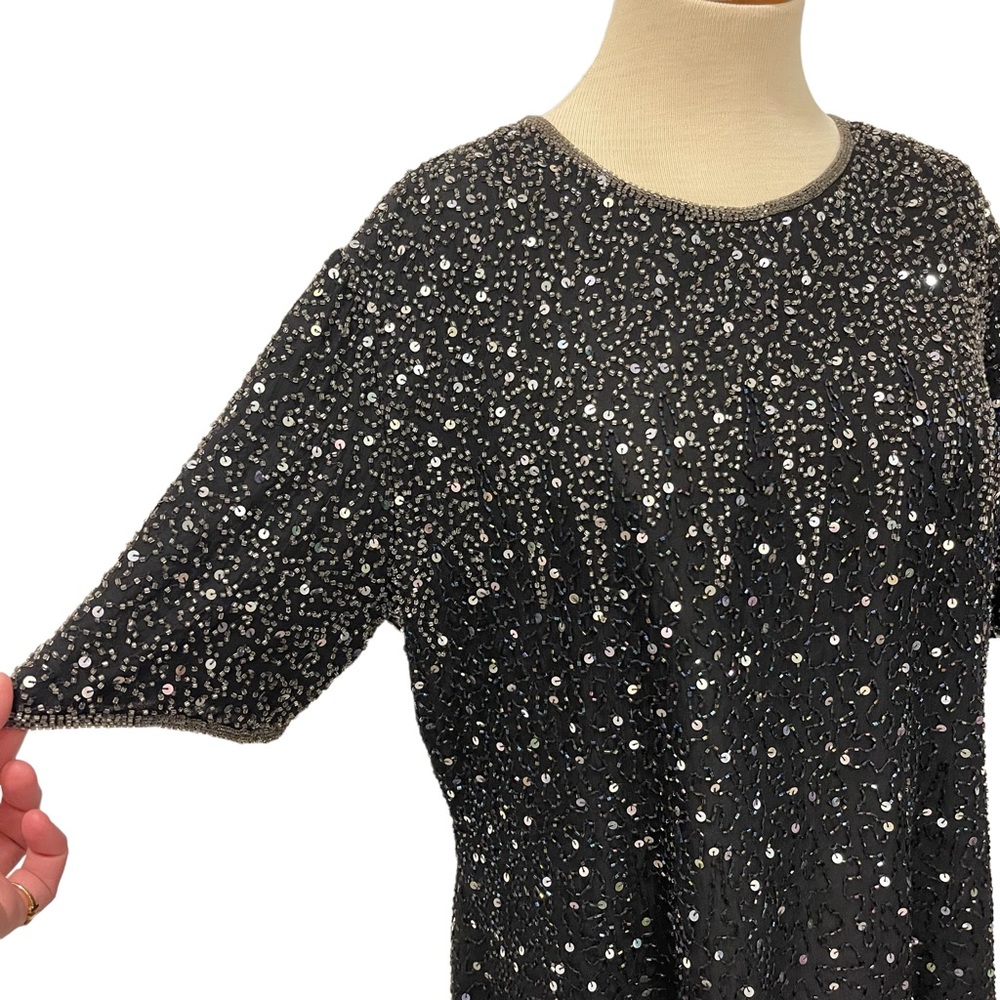 VINTAGE STENAY BLACK SILK SEQUINS TOP SHELL BLOUSE HOLIDAY PARTY EVENING WEAR - Picture 4 of 13